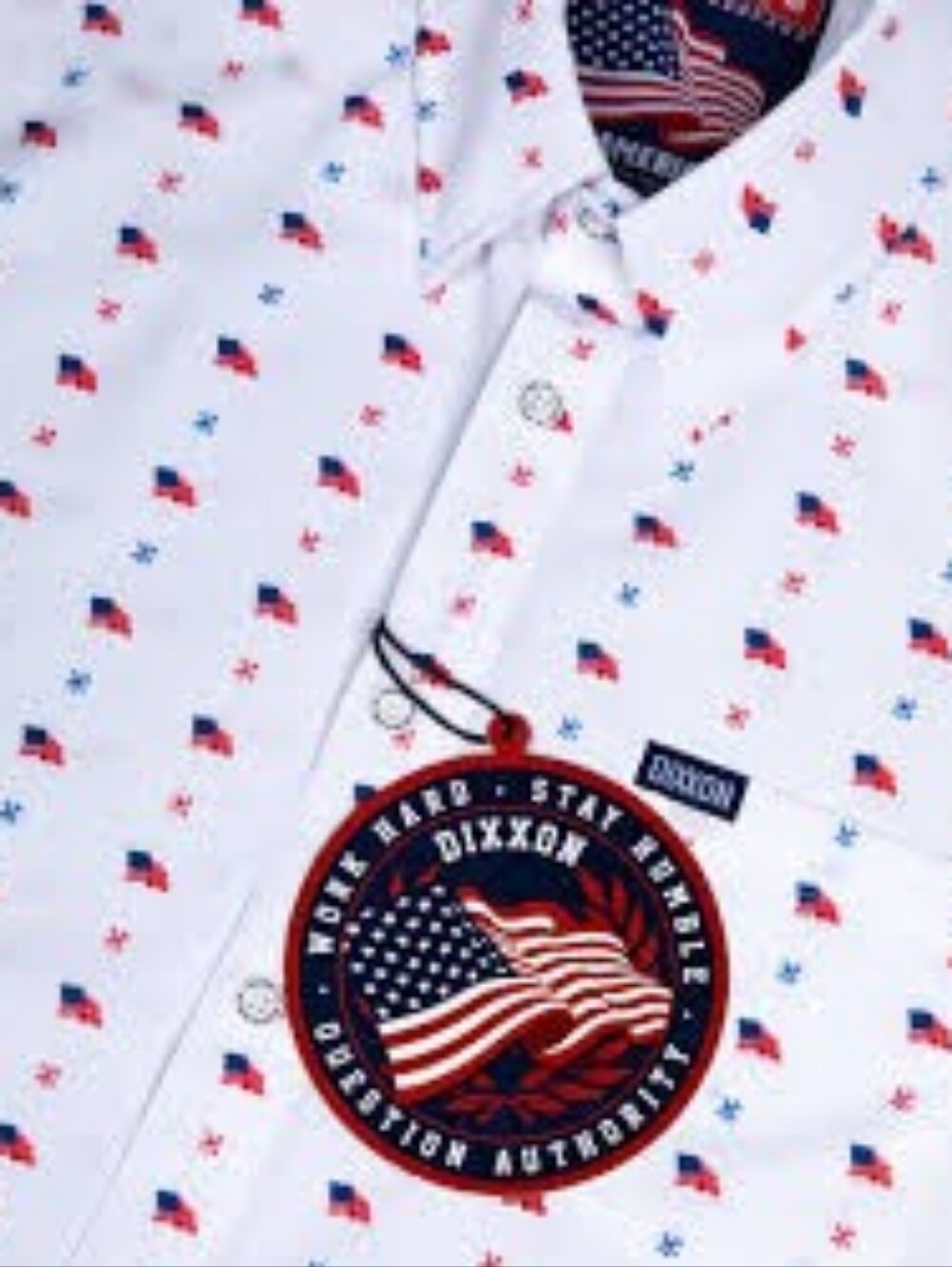 DIXXON White Short-Sleeve Button-Down with Red & Blue Flag Motif